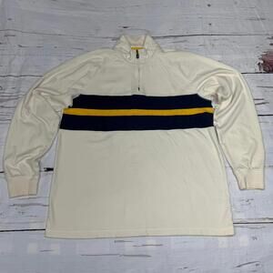 Vintage Style Chaps Cream Quarter Zip Pullover with Navy and Yellow Stripes